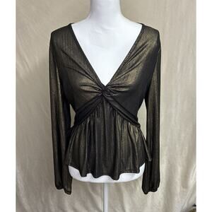 BOLD elements Black Gold Metallic Twist Front Peplum Long Sleeve Top Women's L